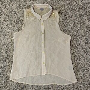 Charlotte Russe Blouse Womens M Beige Gold Button Up Collared Top Business